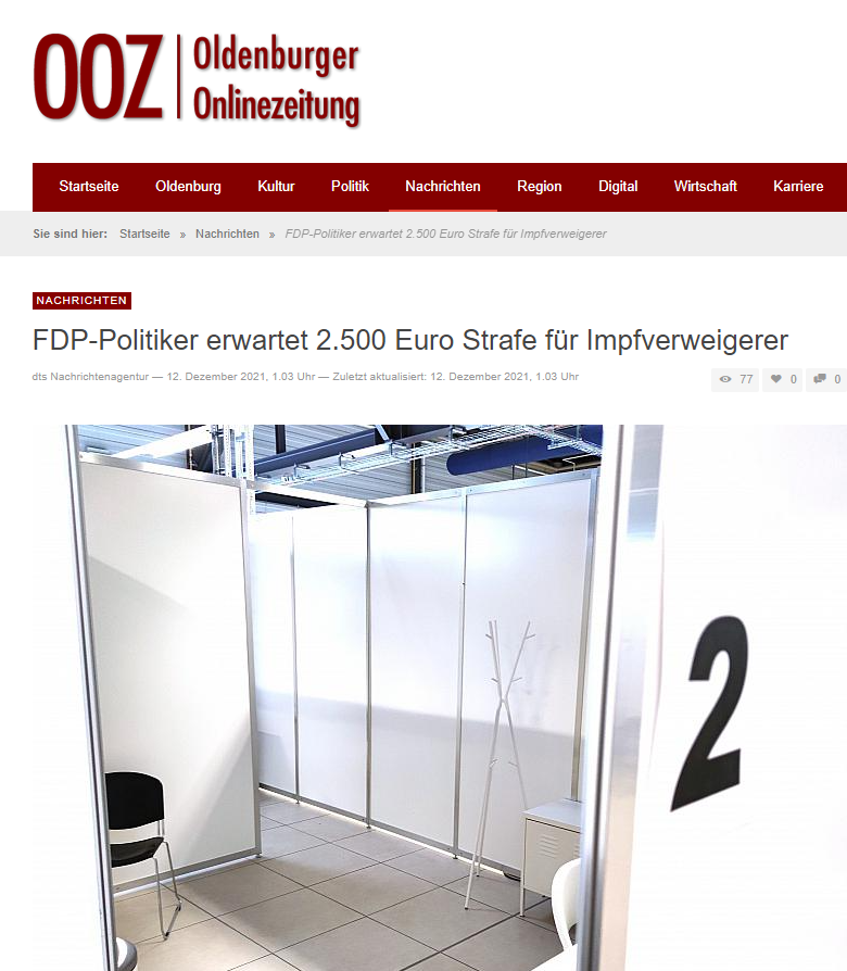 „Der Rahmen wird sich dabei wahrscheinlich am Verstoß gegen die Masernimpfpflicht orientieren.“ Bei Verstößen gegen die Pflicht zur Masern-Impfungen bei Kindern drohen Geldstrafen von bis zu 2.500 Euro. Die Ampel-Parteien wollen Anfang 2022 eine allgemeine Corona-Impfpflicht parlamentarisch auf den Weg bringen. Auch der neue Gesundheitsminister Karl Lauterbach (SPD) plädierte zuletzt für Geldstrafen.